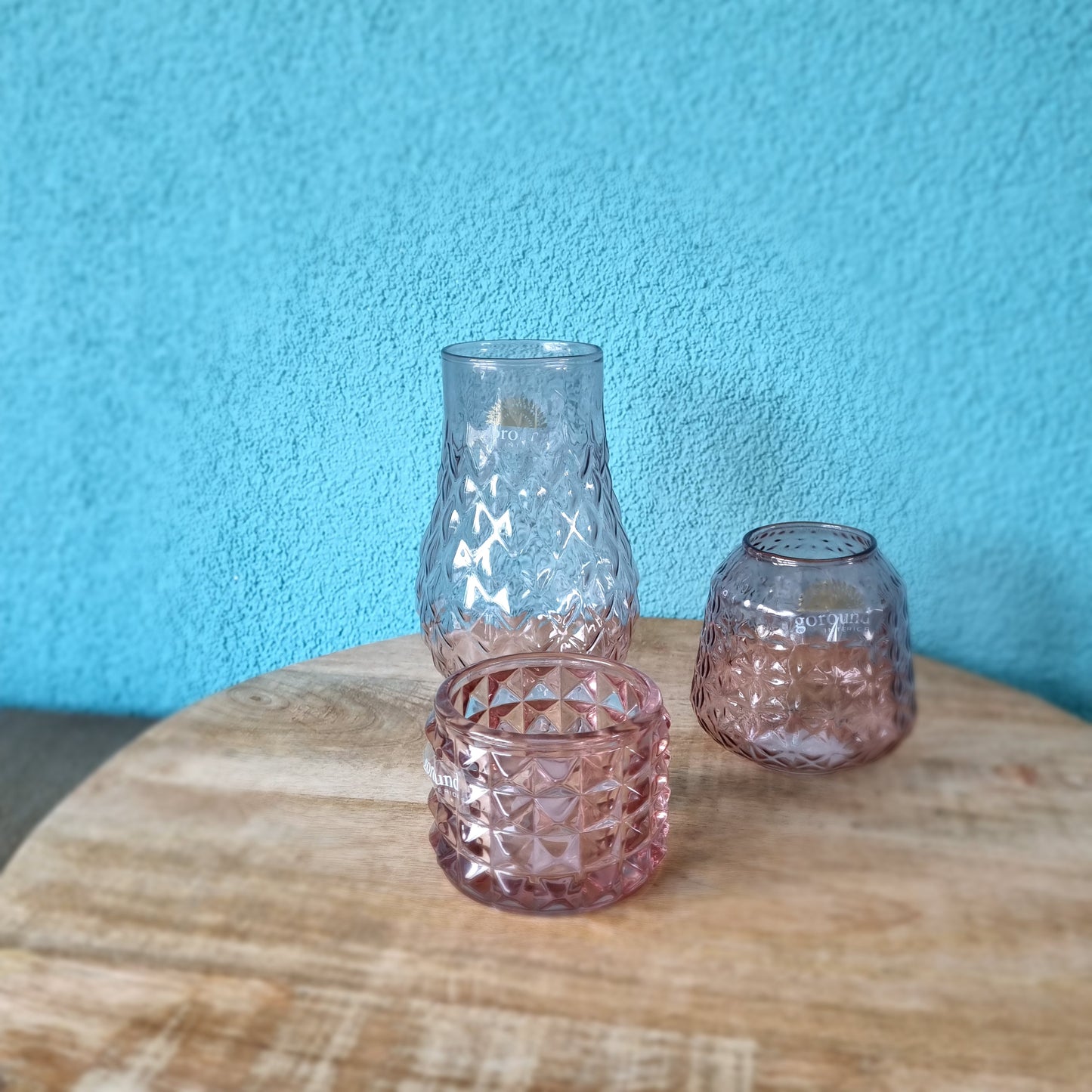 Waxinehouder en vaasjes roze glas set