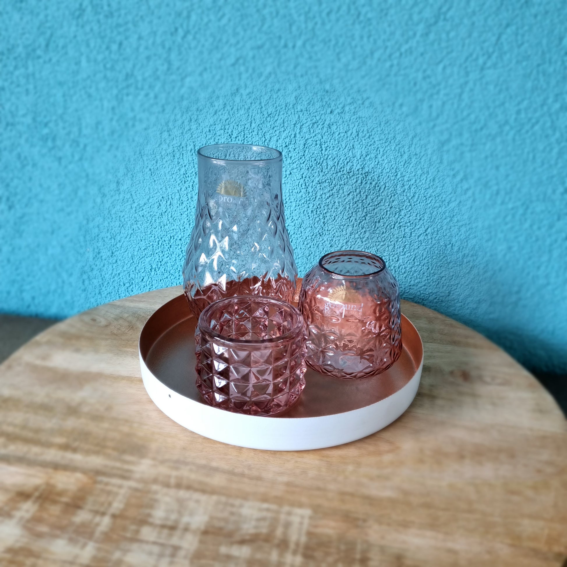 Waxinehouder en vaasjes roze glas set