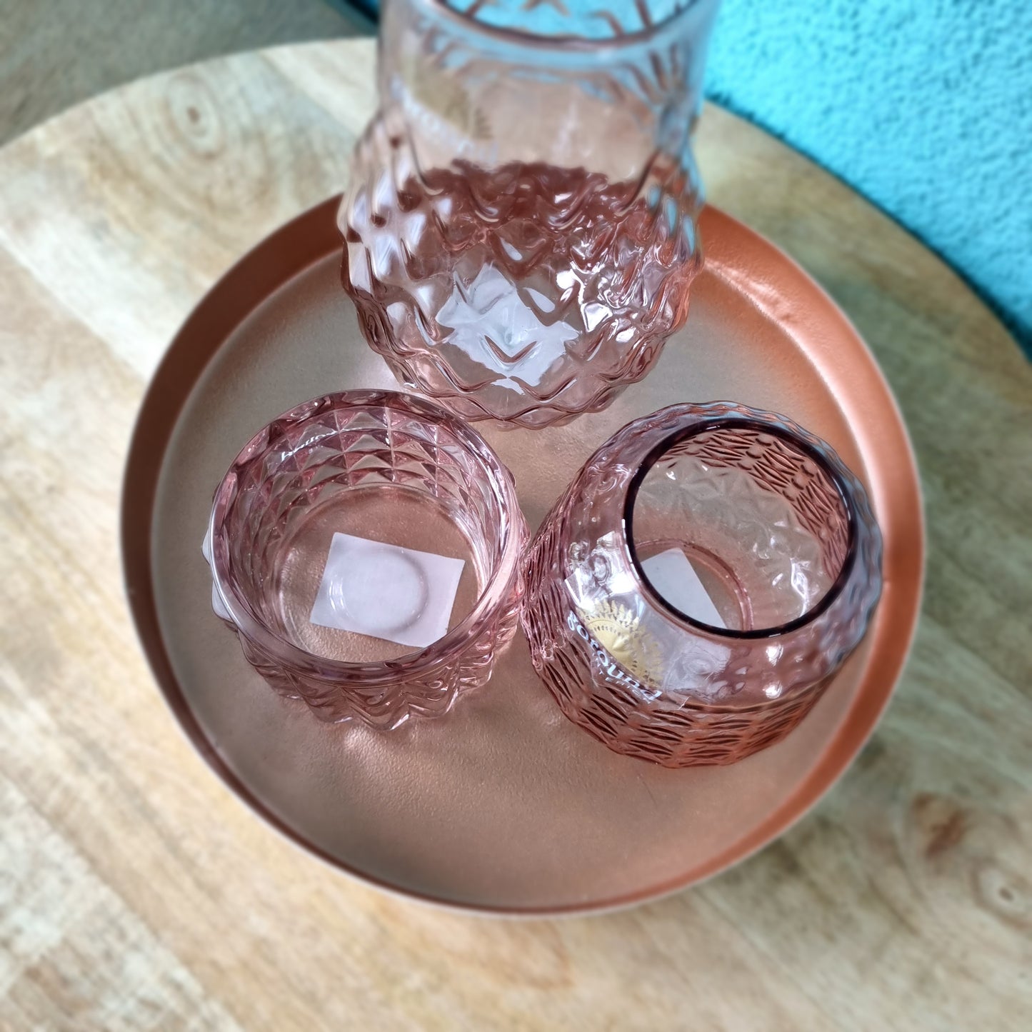 Waxinehouder en vaasjes roze glas set